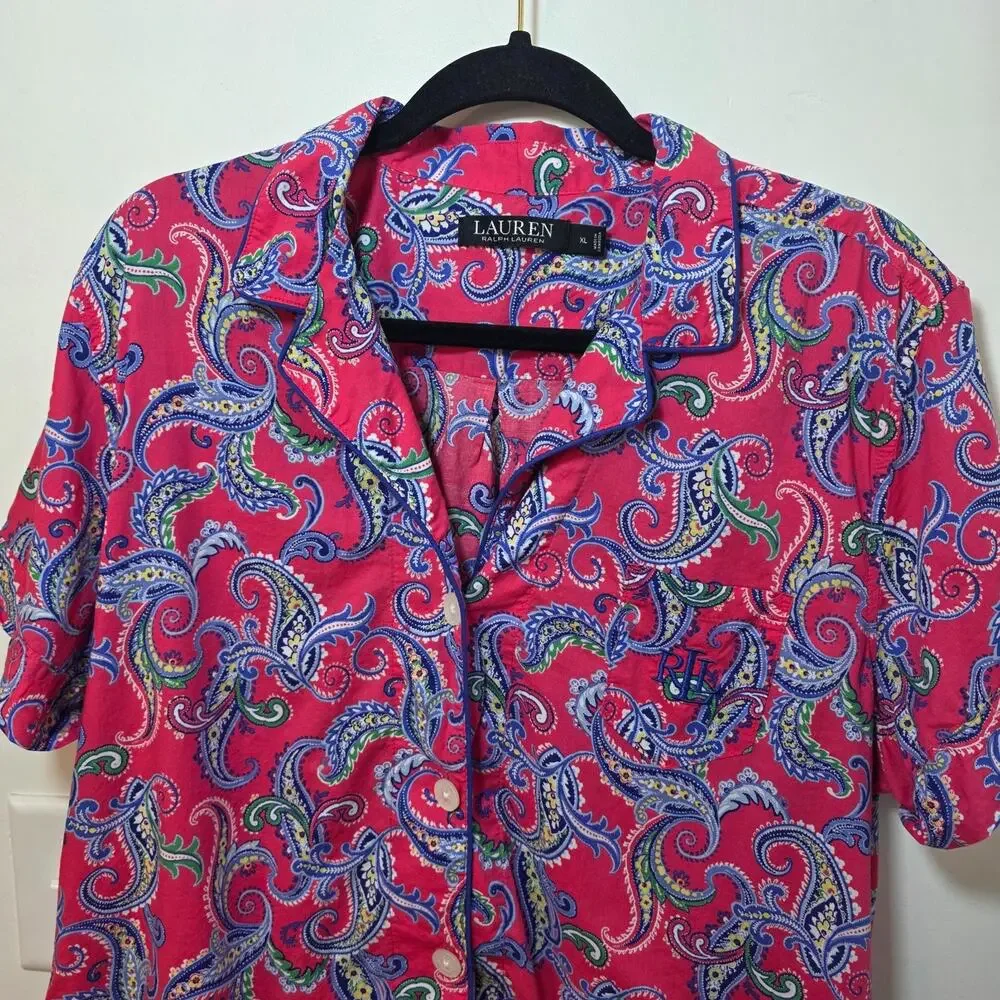 Lauren Ralph Lauren Womens Pajama Top XL Pink Paisley Button Down Shirt Logo